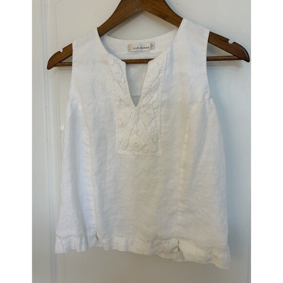 Tops - Cut Loose Womens Shirt Small Linen Embroidered Boxy Crochet Split Neck